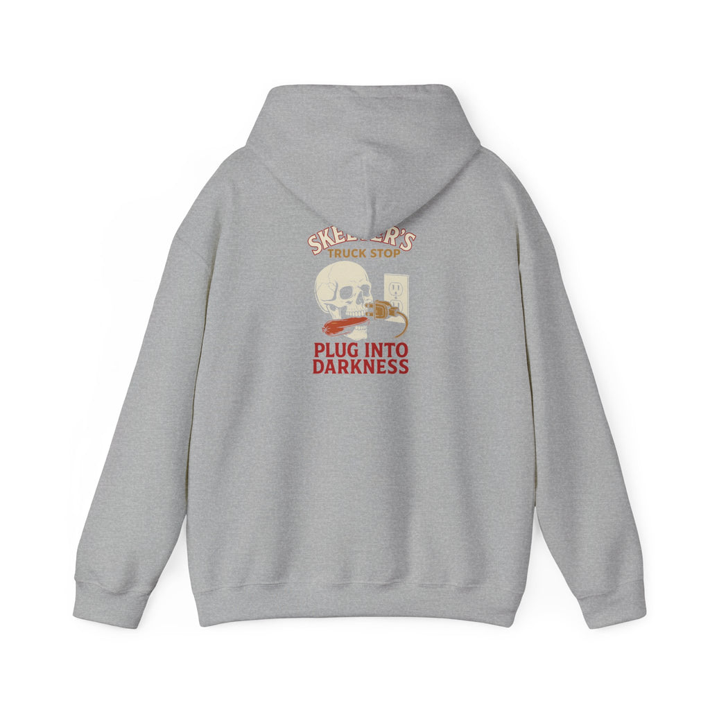 Skeeter’s “Plug Into Darkness” Unisex Hoodie – Power Out? So Am I.