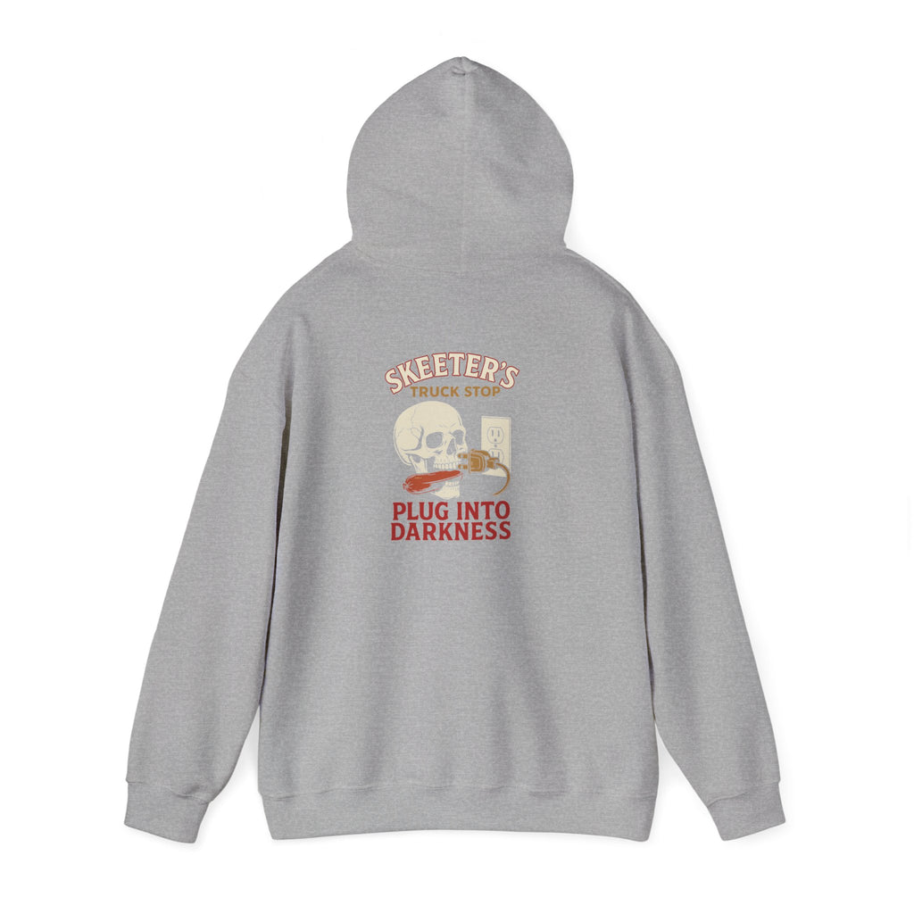 Skeeter’s “Plug Into Darkness” Unisex Hoodie – Power Out? So Am I.