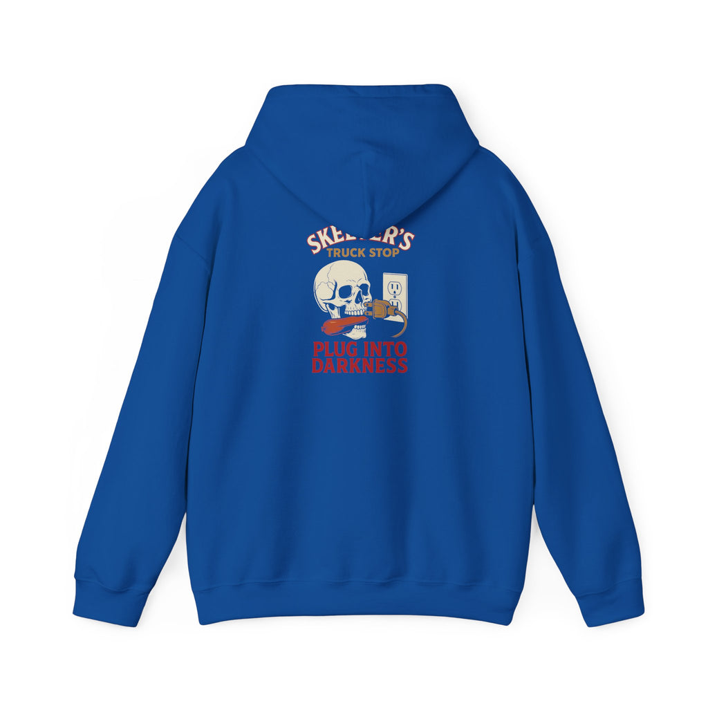 Skeeter’s “Plug Into Darkness” Unisex Hoodie – Power Out? So Am I.