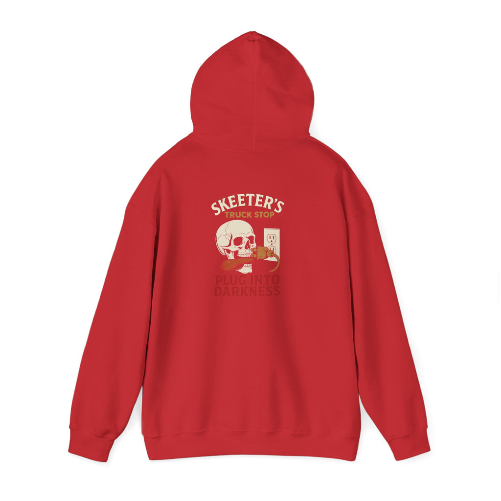 Skeeter’s “Plug Into Darkness” Unisex Hoodie – Power Out? So Am I.